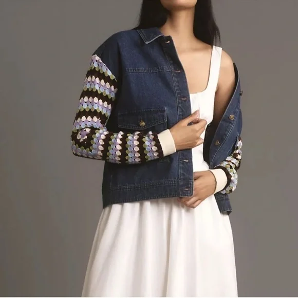 Anthropologie Crochet-Sleeve Denim Jacket Size Small